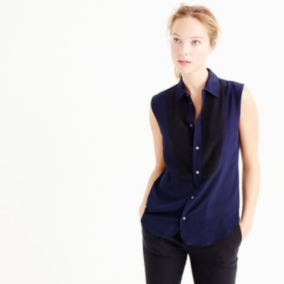Sleeveless navy/black silk tuxedo bib blouse Size 6 - Picture 1 of 5